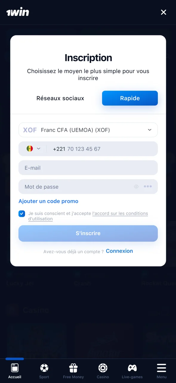 Créez un compte sur 1win pour accéder aux jeux depuis le Sénégal.