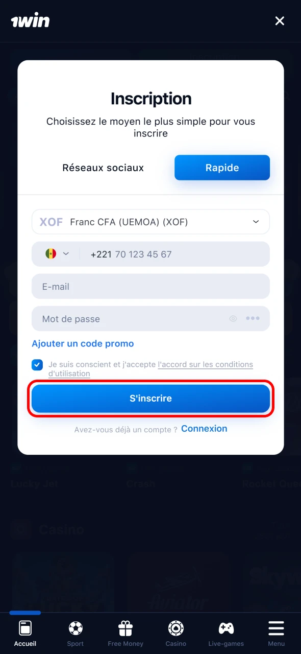 Finalisez votre inscription et accédez à toutes les fonctionnalités de 1win.