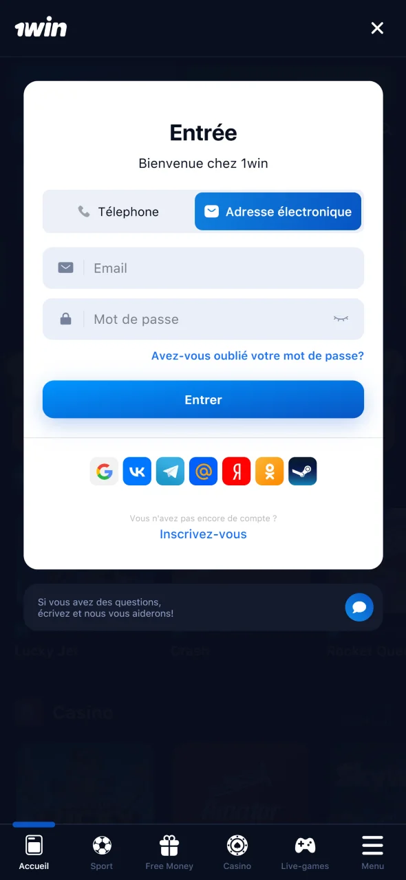 Connectez-vous à votre compte pour commencer à jouer sur 1win.